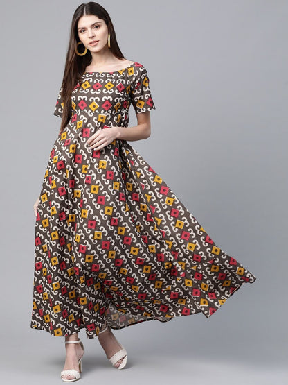 Women's  Brown & Red Ethnic Printed Maxi Dress