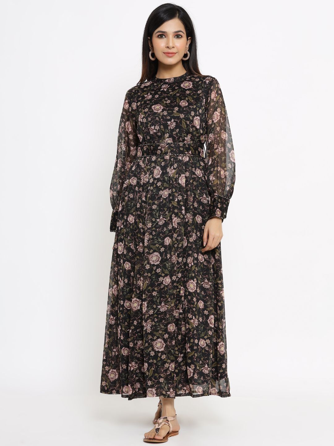 Women's Black Alphin Chiffon Flared Printed Dress With Tie-up Blet