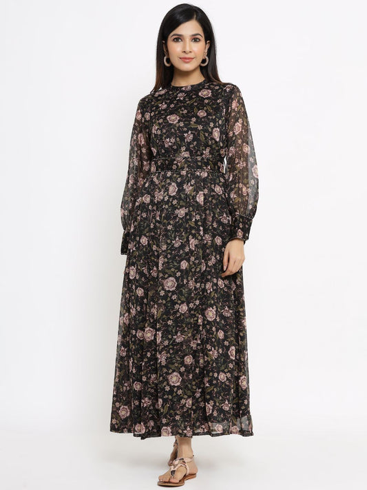 Women's Black Alphin Chiffon Flared Printed Dress With Tie-up Blet