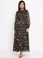 Women's Black Alphin Chiffon Flared Printed Dress With Tie-up Blet