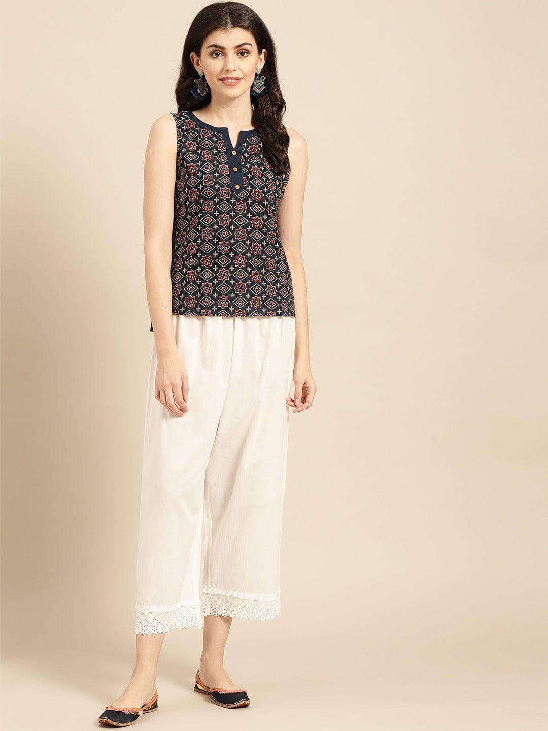 Women's White Schiffli Hem Design Straight Cropped Palazzos