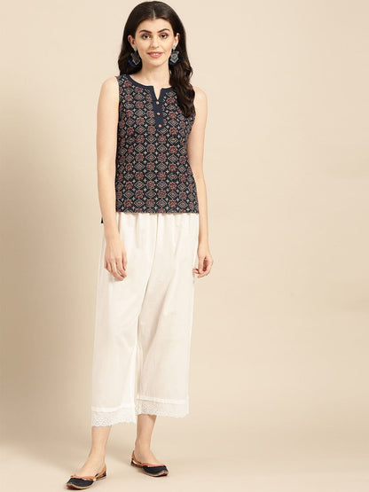 Women's White Schiffli Hem Design Straight Cropped Palazzos