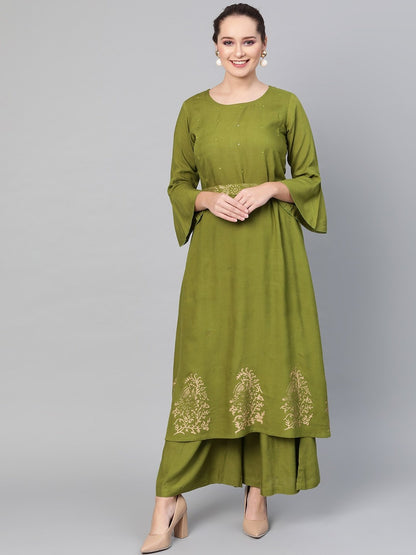 Women's  Green & Golden Printed Detail Kurta with Palazzos