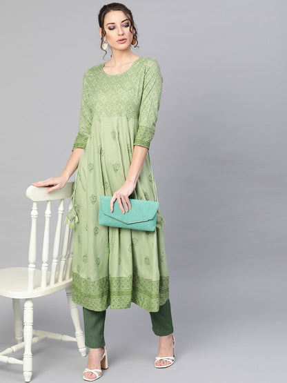 Women's  Green Printed Anarkali Kurta