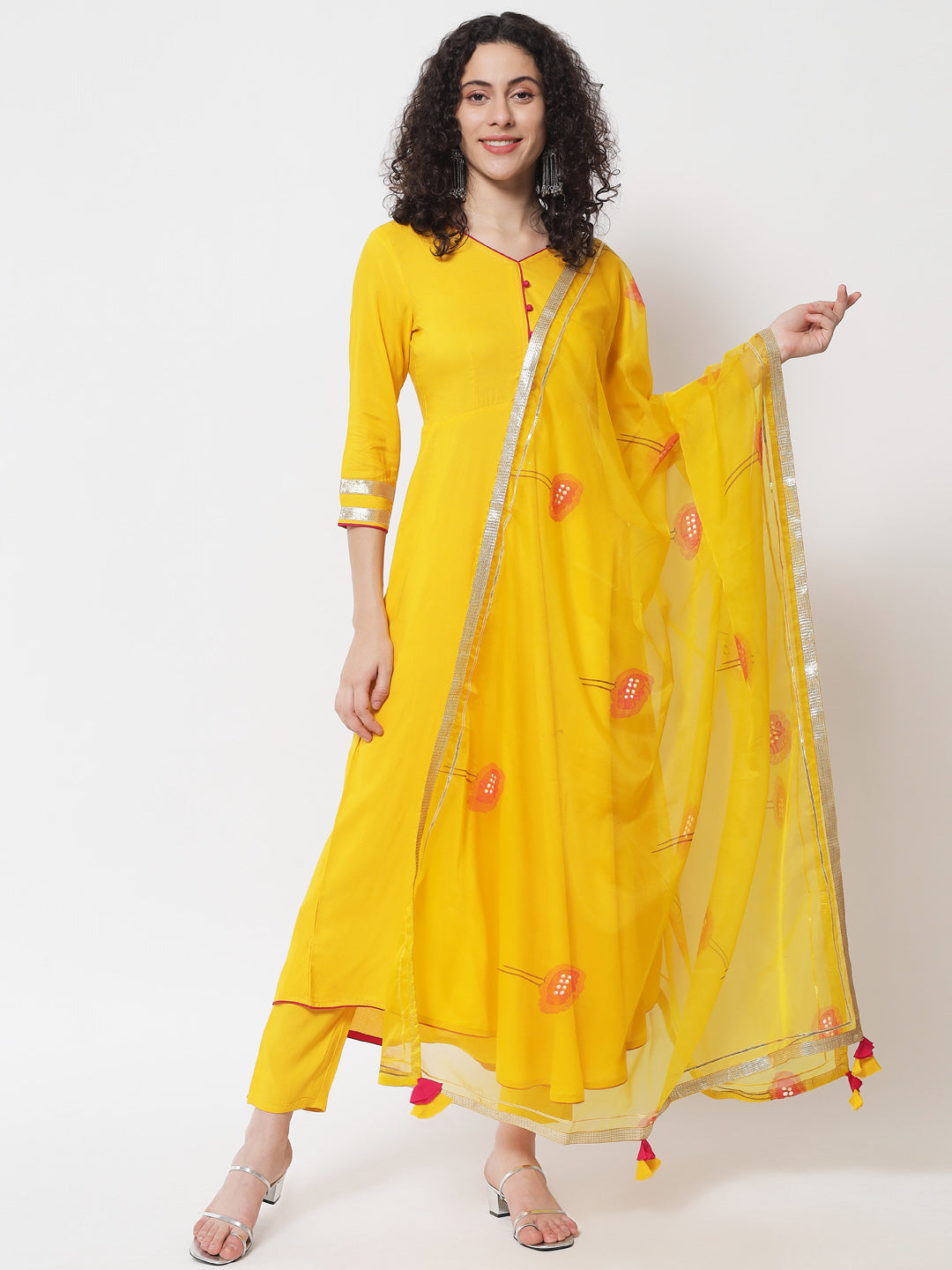 Women's Yellow Solid Kurta With Trousers & Dupatta