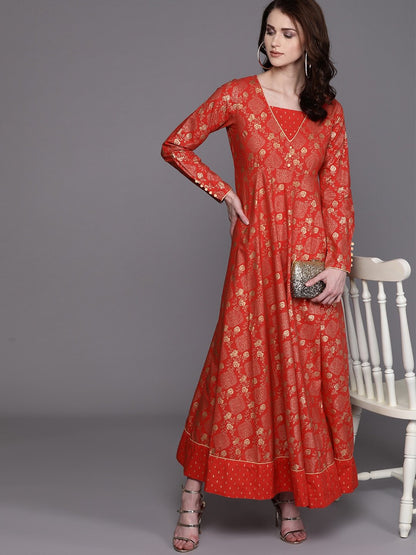 Women's  Red & Golden Printed Maxi Dress