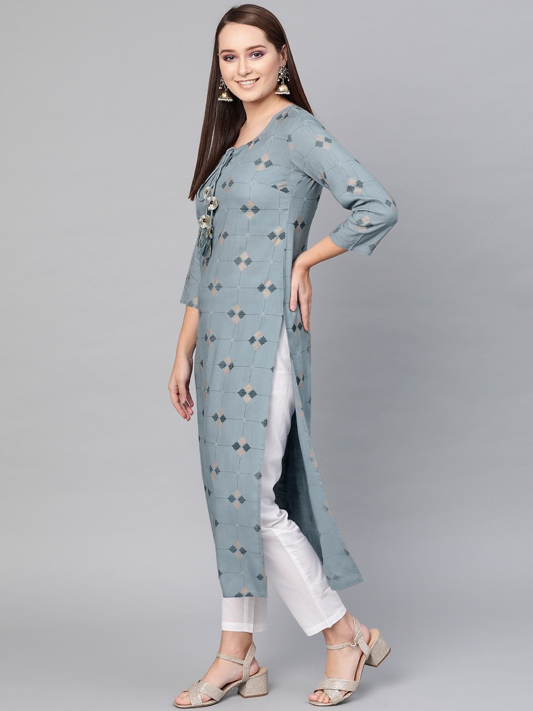 Women's  Blue & Golden Printed Straight Kurta