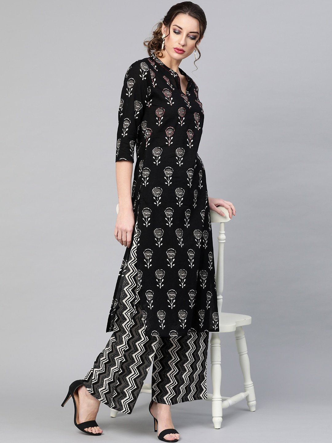 Women's  Black & Charcoal Grey Printed Kurta with Palazzos