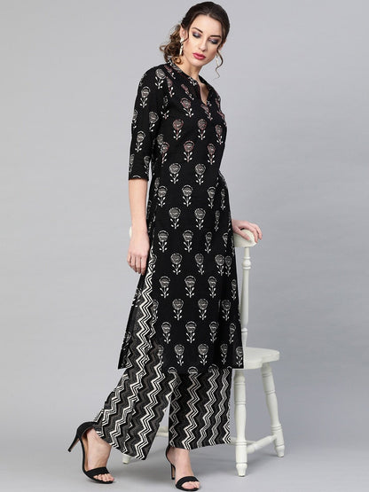 Women's  Black & Charcoal Grey Printed Kurta with Palazzos