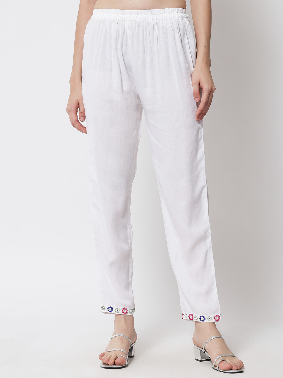 Women's White Floral Panelled Thread Work Kurti with Trousers & With Dupatta