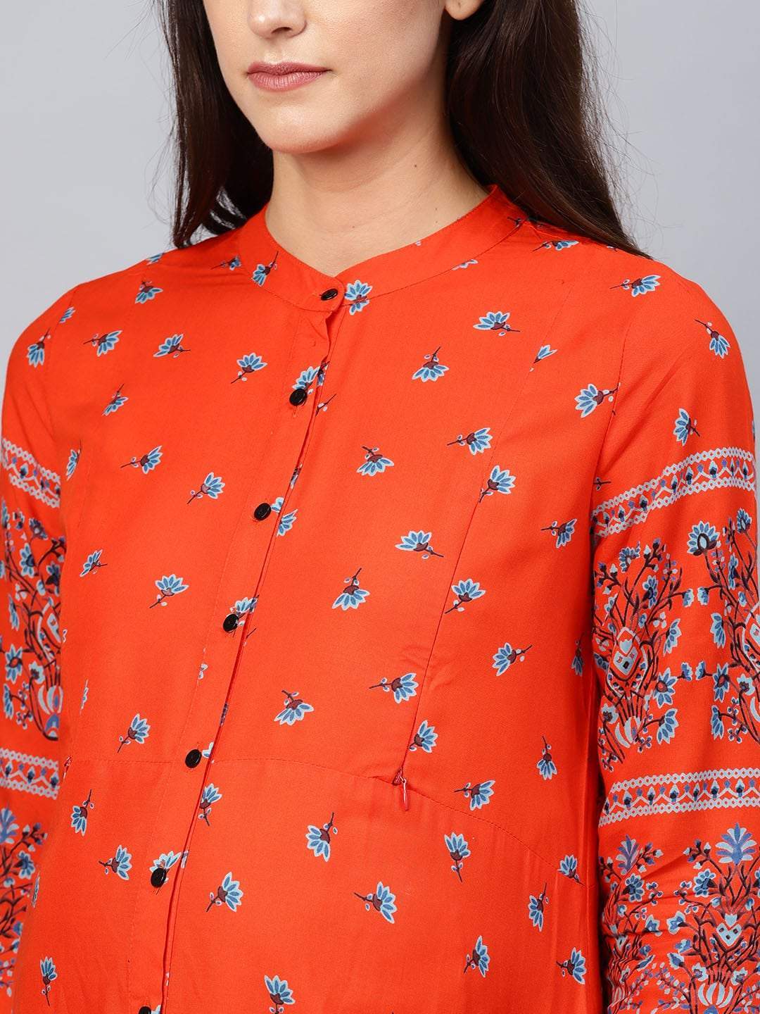 Women's  Orange & Teal Blue Printed A-Line Nursing Kurta