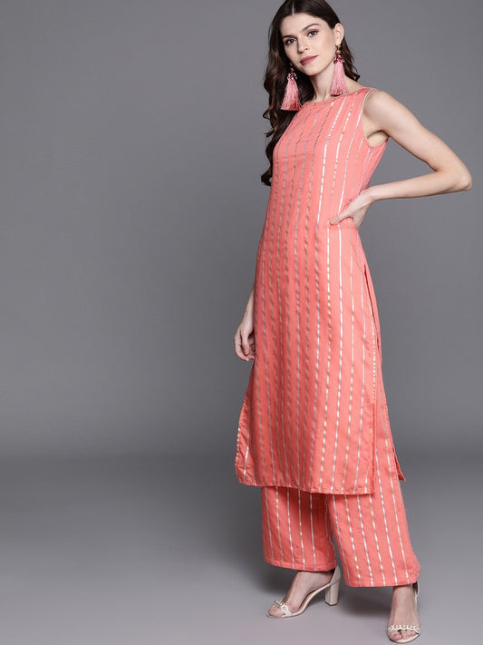 Women's  Peach-Coloured & Golden Striped Kurta with Palazzos