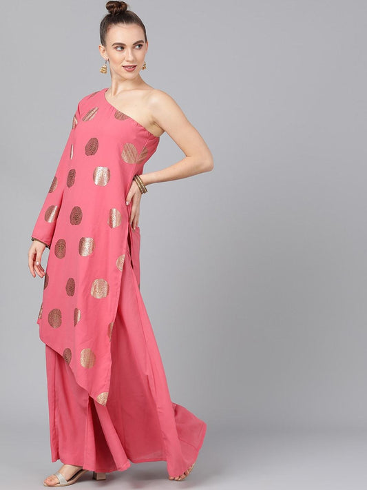 Women's  Pink & Gold-Coloured Foil Printed Kurta with Palazzos