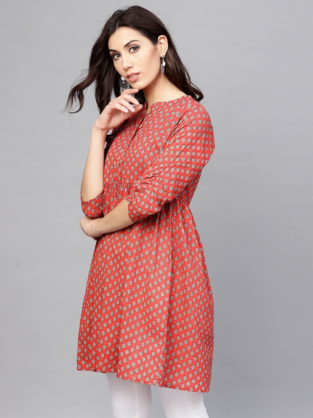 Women's Red & Off-White Printed Tunic