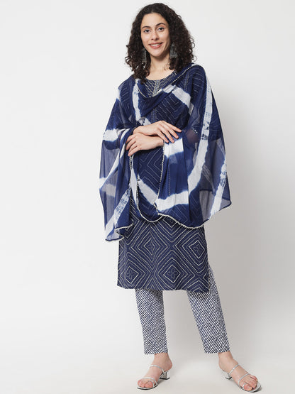 Women's Navy Blue Embroidered Kurta With Trousers & Dupatta