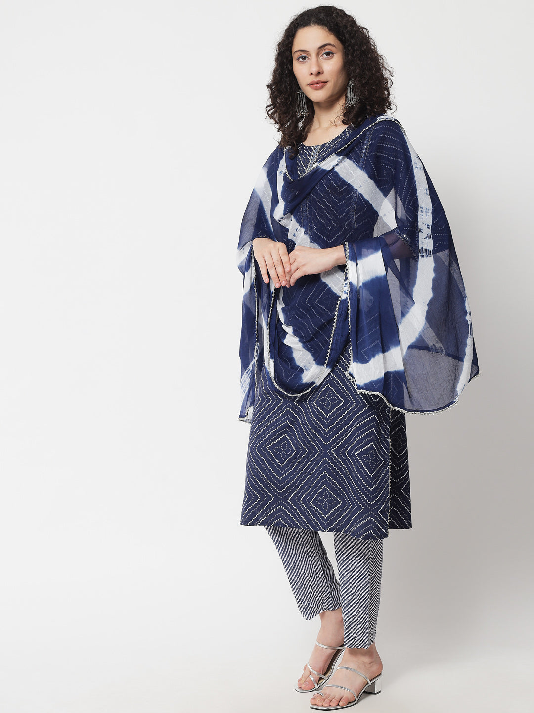 Women's Navy Blue Embroidered Kurta With Trousers & Dupatta