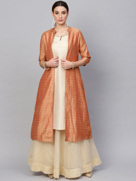 Women's  Peach-Coloured & Golden Checked Open Front Longline Ethnic Jacket
