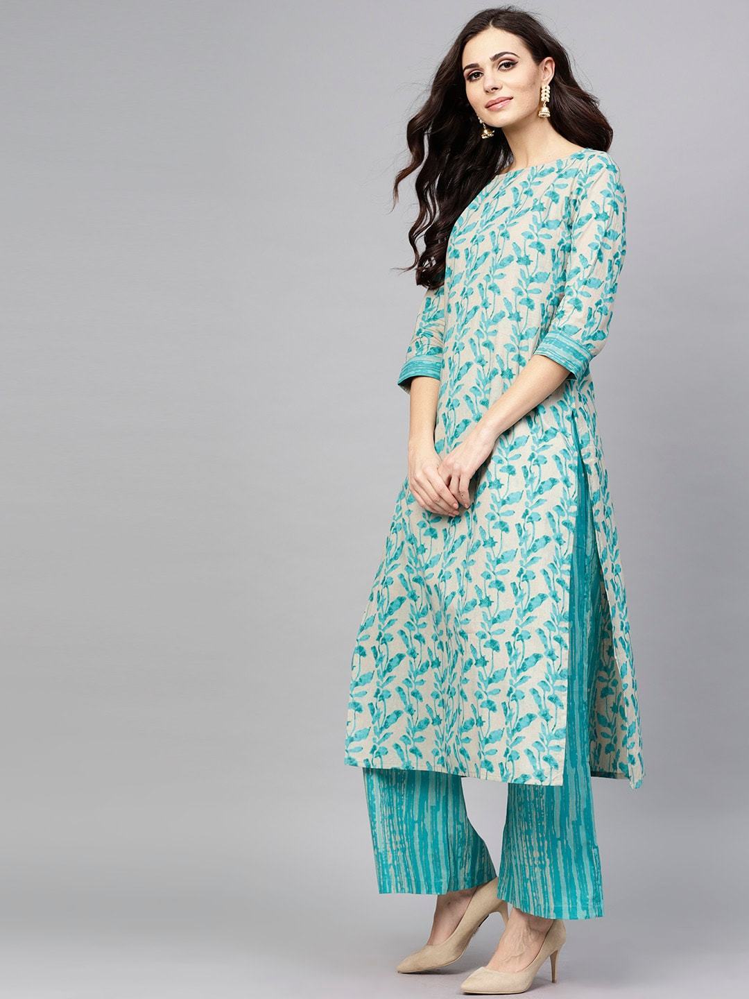 Women's  Blue & Grey Printed Kurta with Palazzos