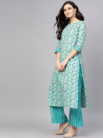 Women's  Blue & Grey Printed Kurta with Palazzos
