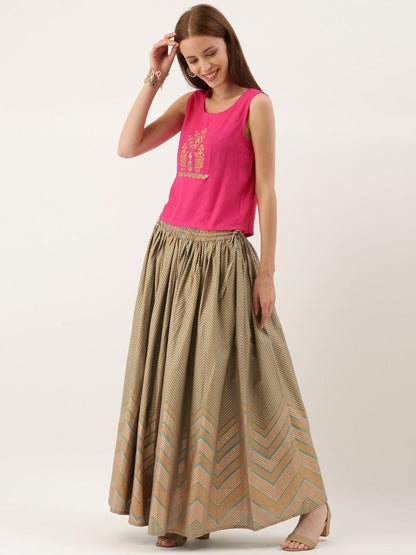 Women's Pink & Golden Embroidered Top with Skirt