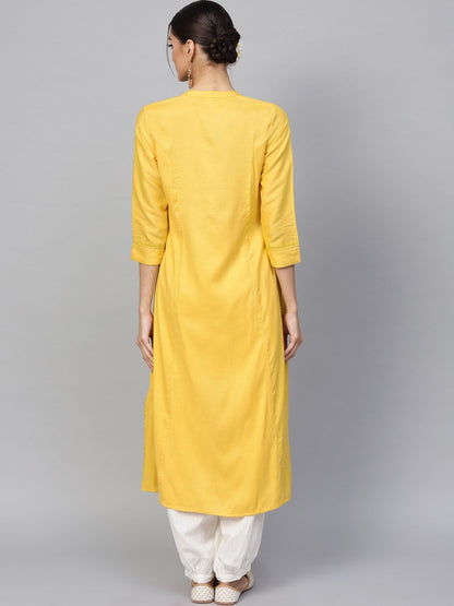 Women's  Mustard Yellow Solid A-Line Kurta