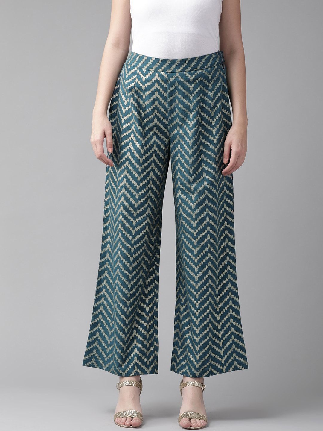 Women's  Teal Blue & Golden Printed Straight Palazzos