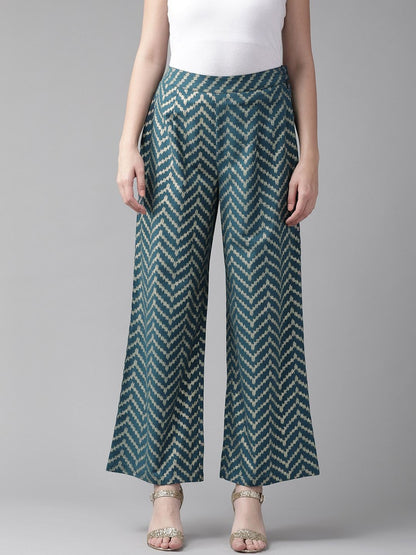 Women's  Teal Blue & Golden Printed Straight Palazzos