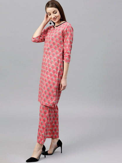 Women's  Pink & Black Printed Kurta with Palazzos & Dupatta