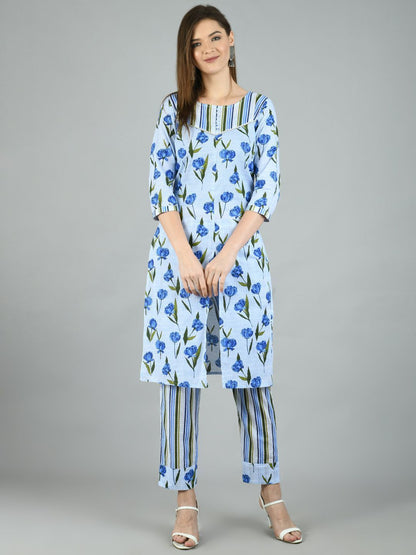 Women's Multi Cotton Printed 3/4 Sleeve Round Neck Casual Kurta Pant Set