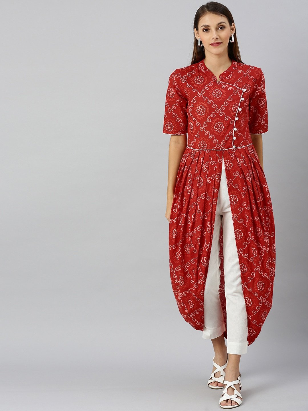 Women's  Red & White Embellished A-Line Kurta