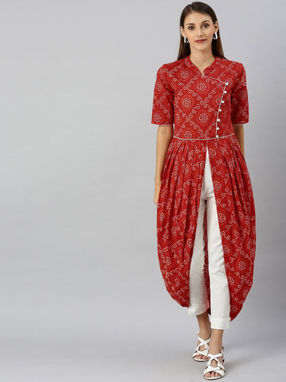 Women's  Red & White Embellished A-Line Kurta