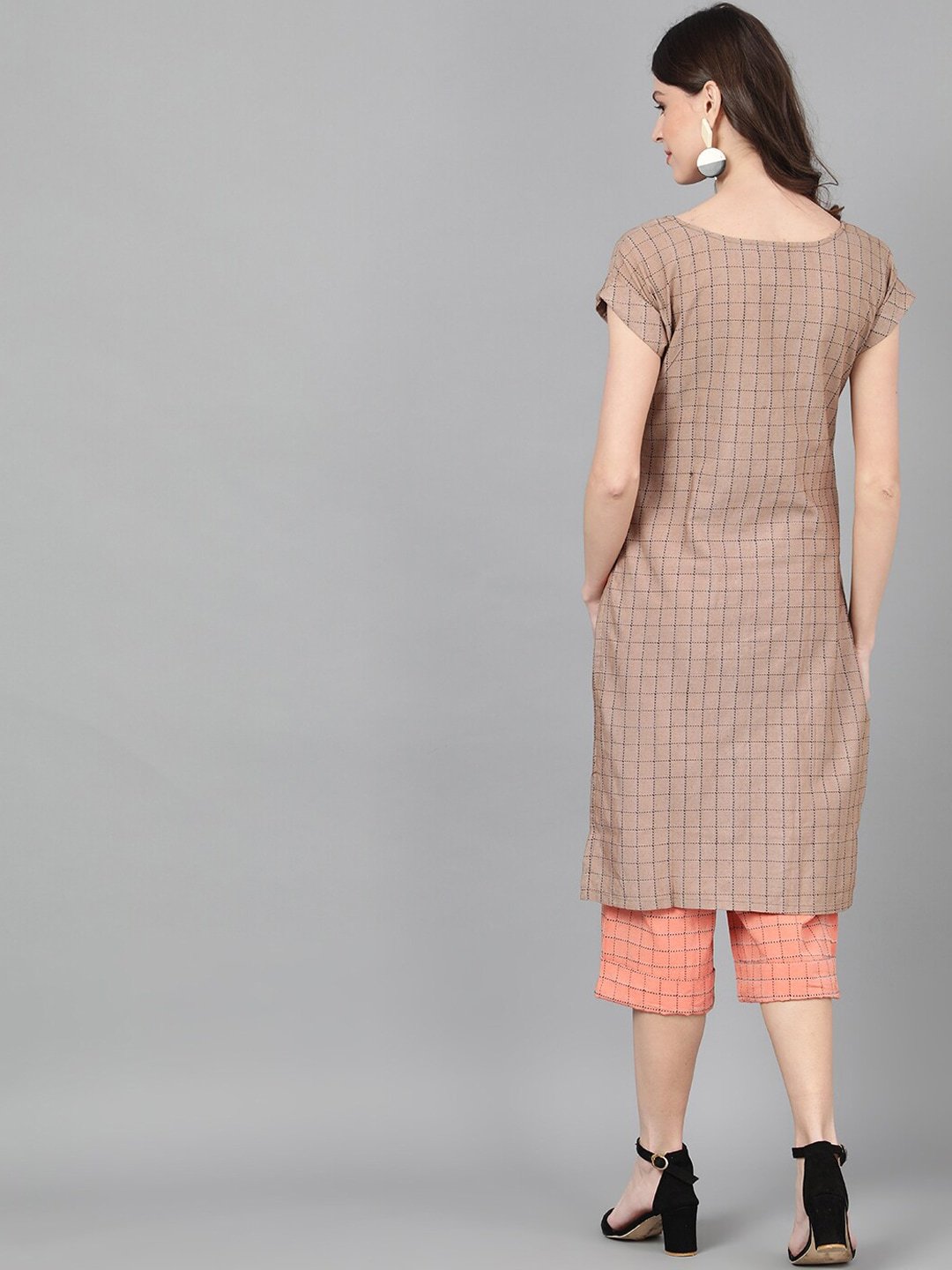Women's  Brown & Peach-Coloured Embroidered Kurta with Trousers