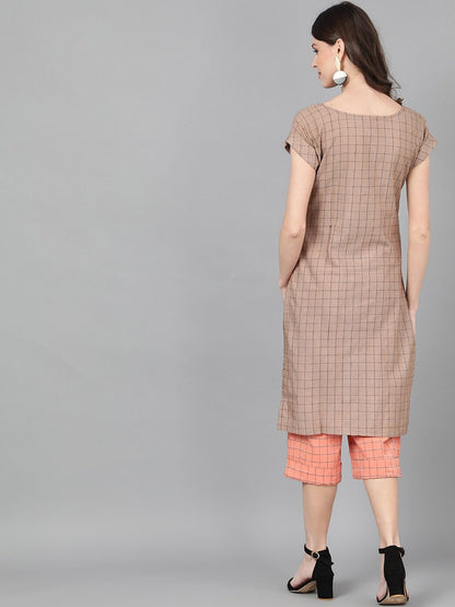 Women's  Brown & Peach-Coloured Embroidered Kurta with Trousers