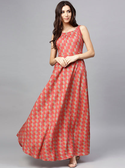 Women's Red Printed Sleeveless Flared Maxi Dress