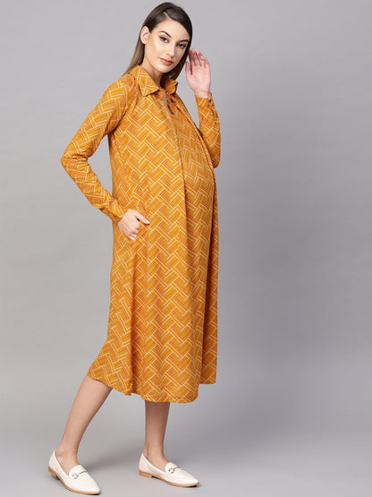 Women's  Mustard Yellow Printed Maternity Shirt Dress