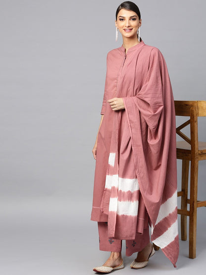 Women's  Mauve & White Dyed Kurta with Trousers & Dupatta