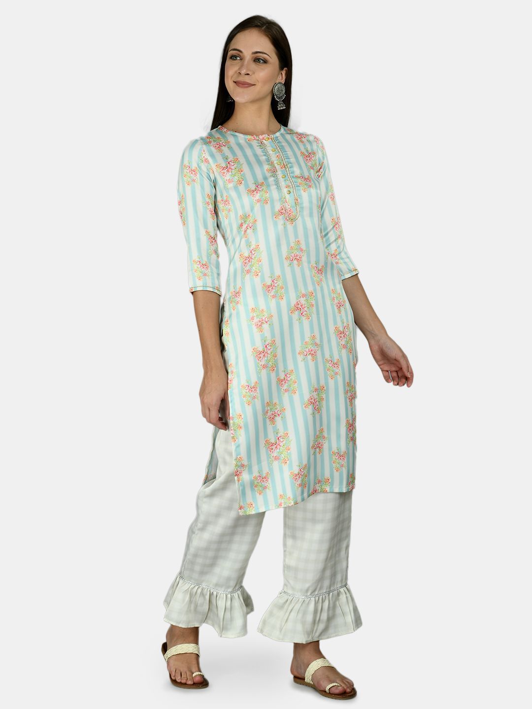 Women's Multi Silk Stripe Printed 3/4 Sleeve Round Neck Casual Kurta Palazzo Dupatta Set