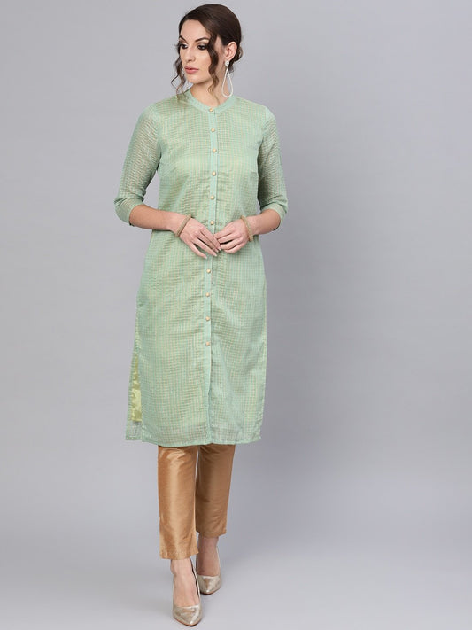 Women's  Green & Beige Checked Straight Kurta