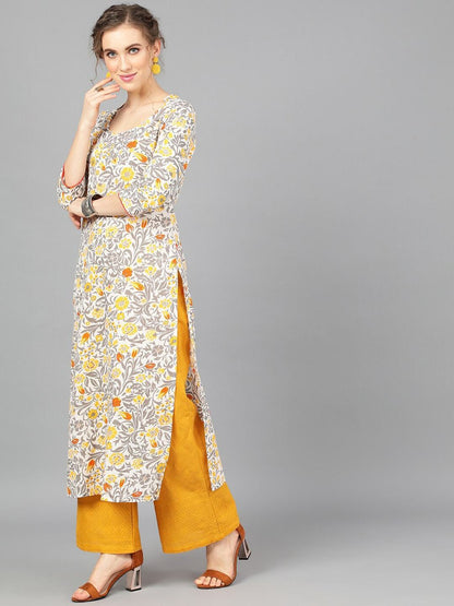 Women's  Grey & Yellow Printed Straight Kurta