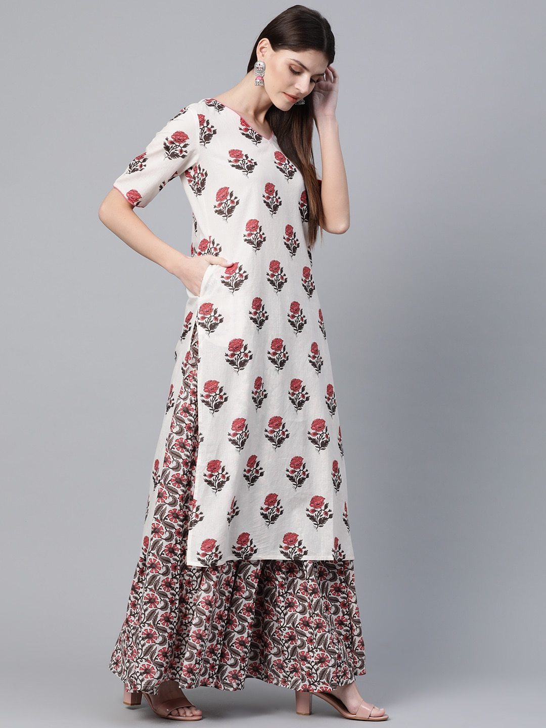 Women's  Off-White & Pink Printed Kurta with Skirt & Dupatta