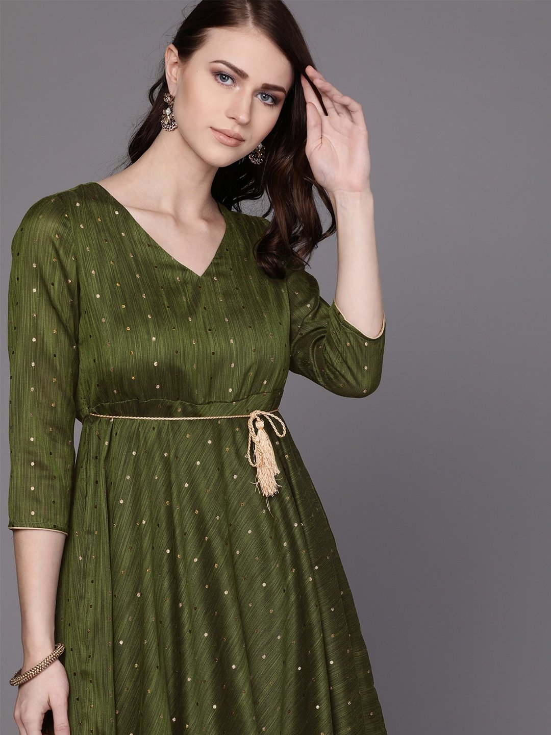 Women's  Olive Green & Golden Self Design Kurta with Palazzos With Belt