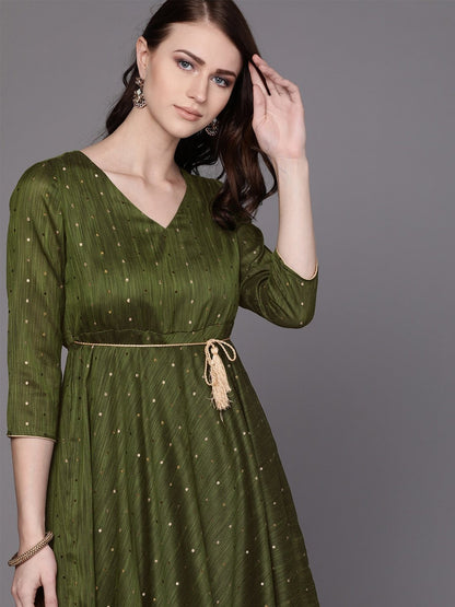 Women's  Olive Green & Golden Self Design Kurta with Palazzos With Belt