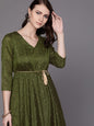 Women's  Olive Green & Golden Self Design Kurta with Palazzos With Belt