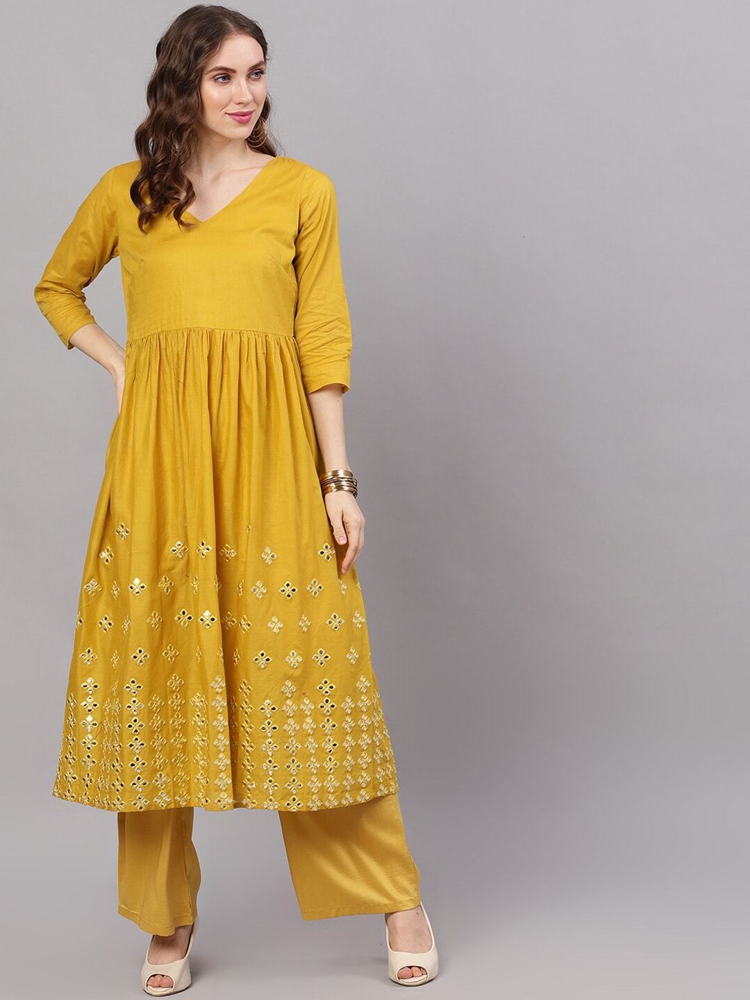 Women's  Mustard Yellow Mirror Work Anarkali Kurta