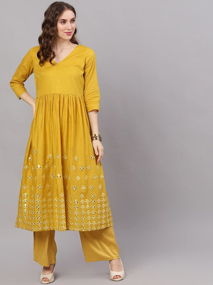 Women's  Mustard Yellow Mirror Work Anarkali Kurta