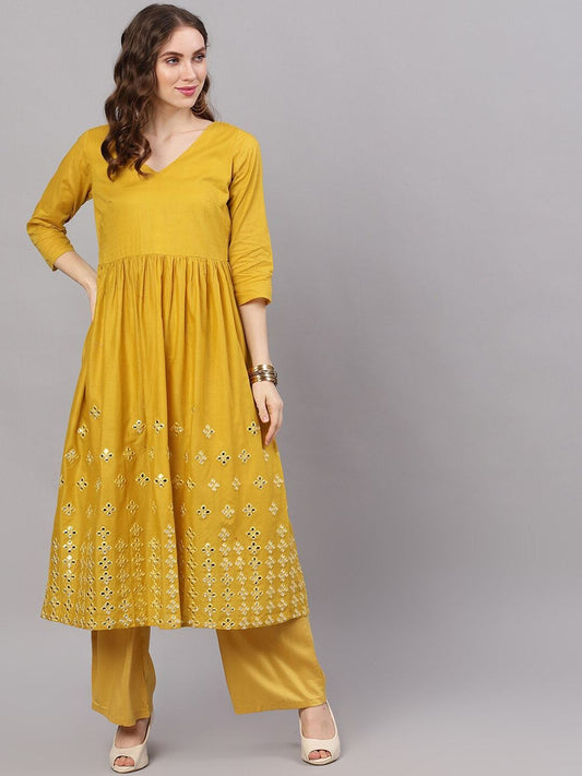 Women's  Mustard Yellow Mirror Work Anarkali Kurta