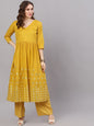 Women's  Mustard Yellow Mirror Work Anarkali Kurta