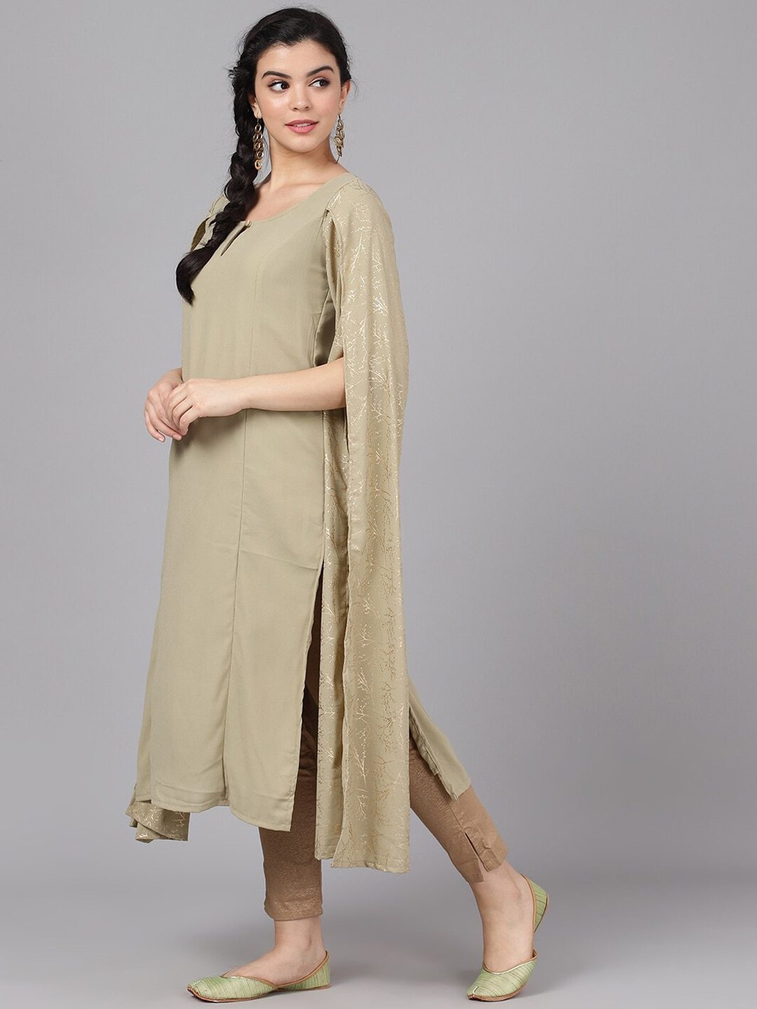 Women's  Taupe & Gold-Coloured Printed Straight Kurta