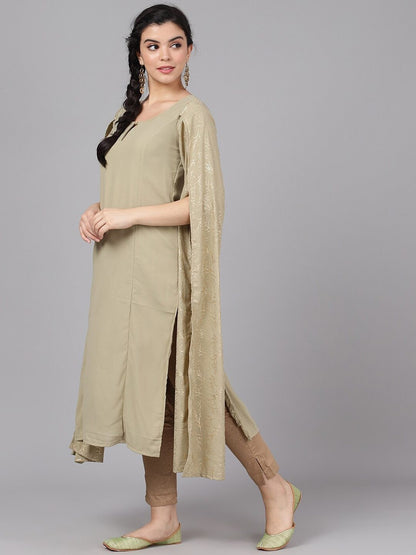Women's  Taupe & Gold-Coloured Printed Straight Kurta