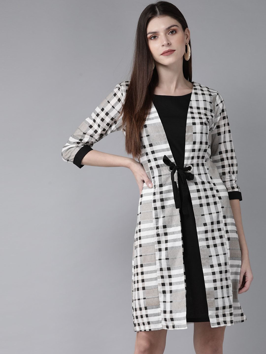 Women's  White & Black Checked Layered A-Line Dress